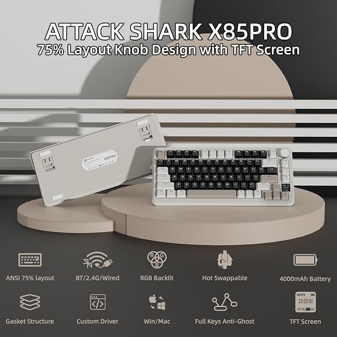 MAGIC-REFINER ATTACK SHARK X85PRO 75% Wireless Mechanical keyboard,TFT Smart Display&Knob,BT/2.4GHz/Wired Custom Gaming Keyboard,Gasket,Hot-Swap,RGB,with Pro Cable&5 Color PBT Keycaps,for PC/MAC,Cream