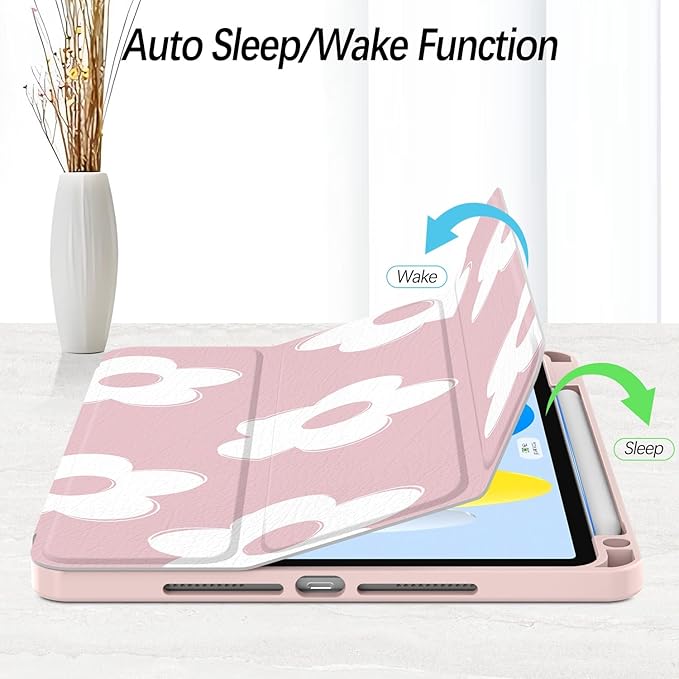 Case for iPad Pro 11 inch 4th/ 3rd/ 2nd / 1st Generation (2022/2021/2020/2018), Case with Pencil Holder, Clear Back Cover Cute Cool Design for Women Girls, Auto Sleep/Wake, Pink White Flower