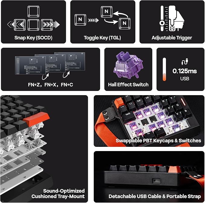 EPOMAKER HE30 One-Handed Hall Effect Keyboard, 8K Polling & 0.125ms, SOCD & Snap Key, Adjustable Trigger, PBT Keycap, RGB, Custom Software, Wired Gaming Keyboard for PC/Gamer (Black Orange)