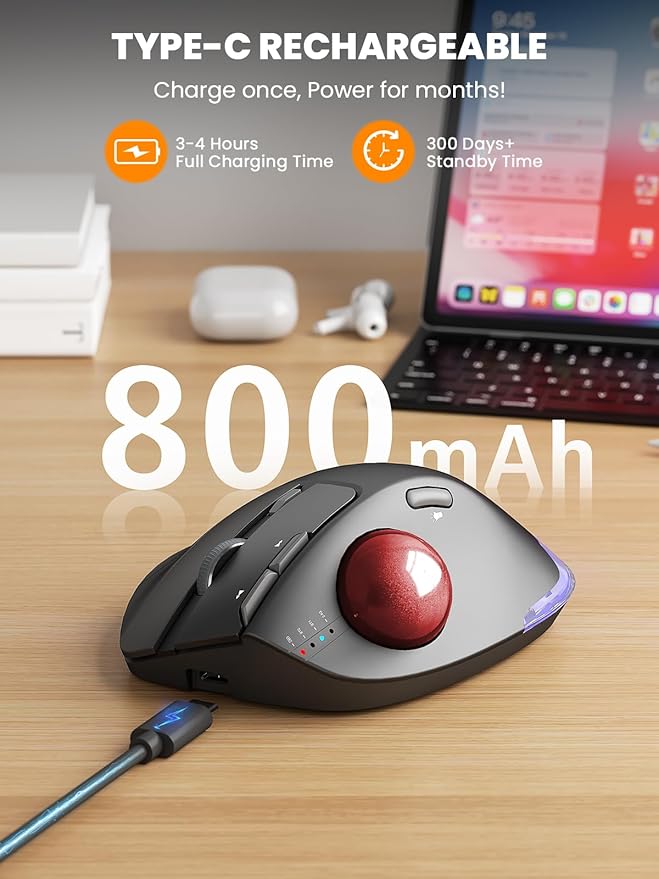 MAM1 Pro Wireless Trackball Mouse, Ergonomic Bluetooth Rechargeable Computer Mouse, Backlit Rollerball Thumb mice with 5 Level DPI, Adjustable Angle, 3 Devices Connection for PC, Windows - Red Ball