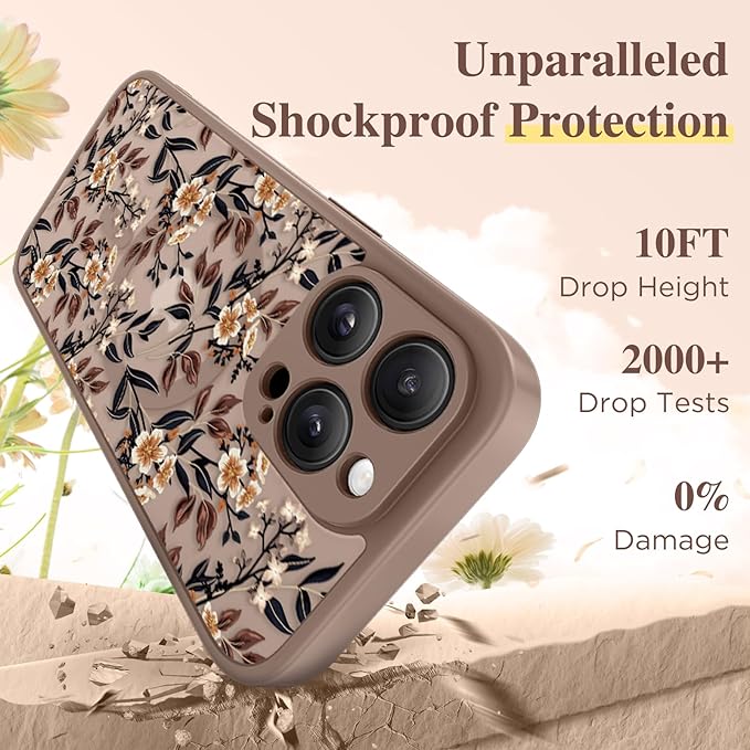 GVIEWIN for iPhone 16 Pro Case Compatible with MagSafe, [Military Grade Protection] [Screen Protector] Full Camera Protection Floral Translucent Women Magnetic Phone Case, Bunchflower/Brown