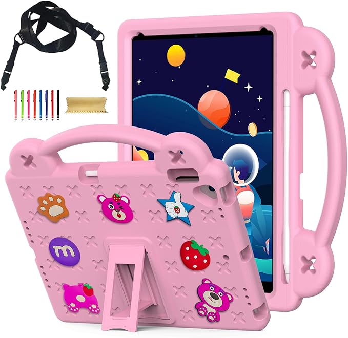for iPad A16 11th 10th Generation Case 2025 2022 for Kids Boys, with Shoulder Strap Cute DIY Figures Kids Friendly Shockproof Handle Stand Protective Case Cover for Apple iPad 11th 10th Gen,Pink