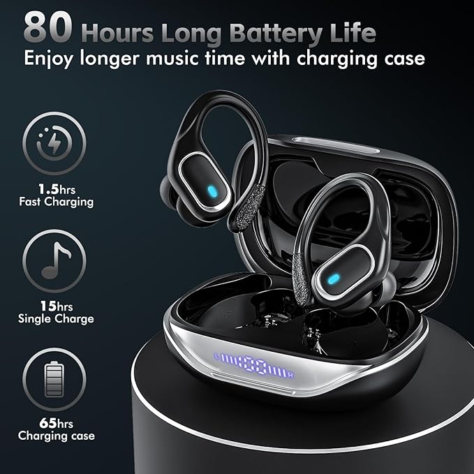 HAOYUYAN Wireless Earbuds Bluetooth 5.3 Headphones with 80H Playback, IPX7 Waterproof Over Ear Buds with LED Power Display for Sports Running Workouts Gray Black