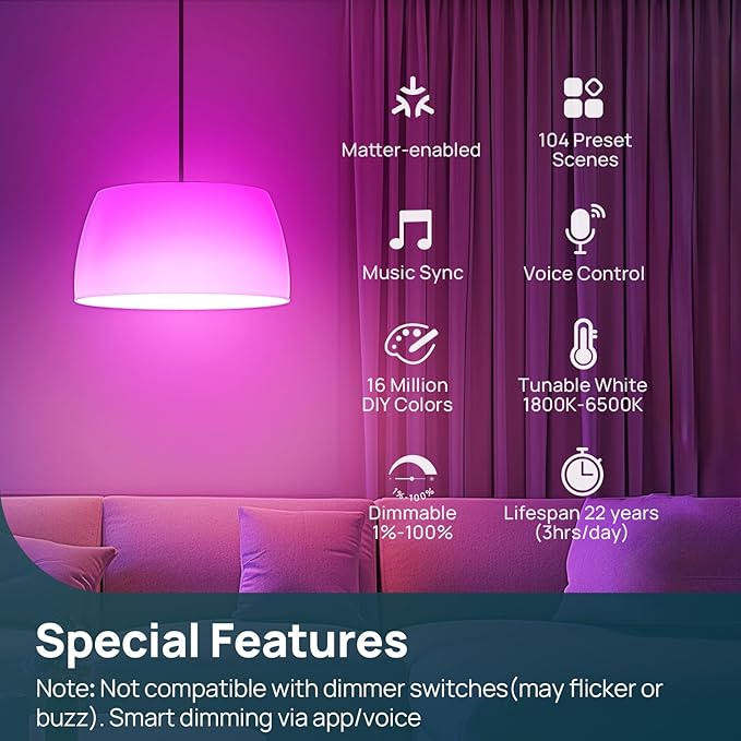 Linkind Matter Smart Light Bulb,1100LM 75W Smart Bulbs Work with Alexa/Apple Home/Google Home/SmartThings, RGBTW LED Color Changing Bulbs Music Sync, 2.4GHz Wi-Fi Light Bulbs LED 11W, A19 E26, 2Pack