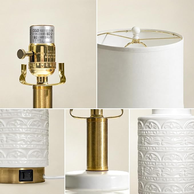 25" H Ceramic Bedside Lamp Set of 2, Boho Nightstand Lamps with Dual USB Ports (A+C), Perfect for Bedroom, Entryway, Hallway and Home Decor
