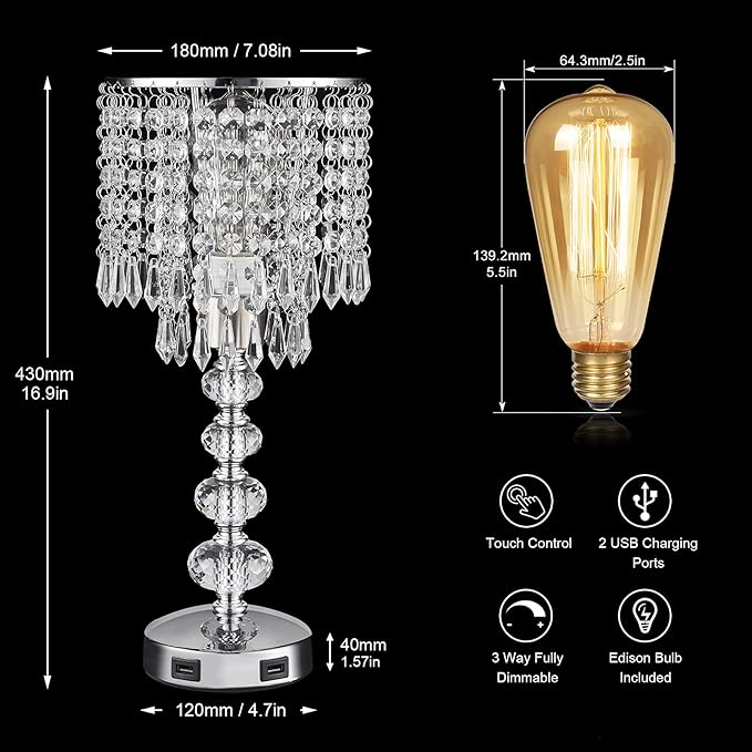 Crystal Table Lamps for Bedroom Nightstand - Touch Bedside Lamps with Two USB Charging Ports Silver, 3 Way Dimmable Small Glam Lamp for Girls, Night Stand Lamp for Living Room