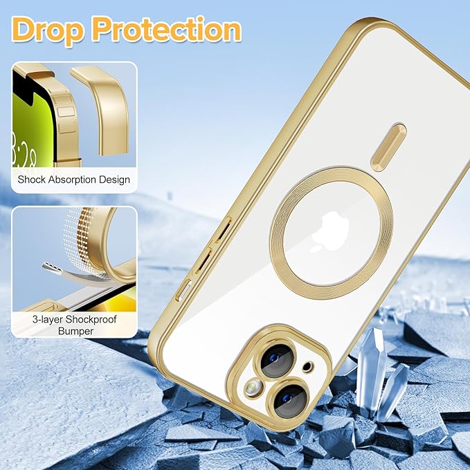 Hython Magnetic Clear for iPhone 14 Case with Camera Lens Protector [Compatible with MagSafe] Luxury Plating Edge Slim Soft TPU Cover Protective Phone Case for iPhone 14 6.1", Matte Gold