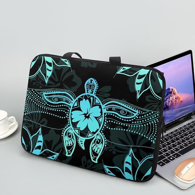 Polynesian Tribal Laptop Sleeve Case 17 Inch Laptop Cover Protective Case Portable Computer Carrying Bag Compatible with 10-17 Inch Shockproof Padded Laptop Case, Black & Green