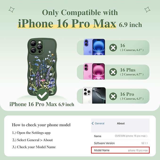 GVIEWIN for iPhone 16 Pro Max Case Compatible with MagSafe [Curly Wave Edge][Full Camera Protection] Floral Translucent Shockproof Magnetic Women Phone Case for 16 Pro Max, Sweet Posy/Forest Green