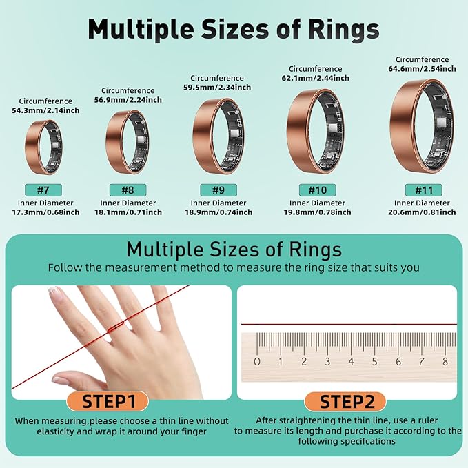 Smart Ring with Sleep Monitoring, Step Counting, Heart Rate, Blood Oxygen for iOS and Android, No Subscription Fee, IP68 Waterproof Health Tracker (Black, 7)