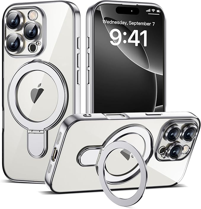 Compatible with iPhone 16 Pro Case with Invisible Magnetic Ring Stand [Compatible with Mag-Safe] [Full Camera Lens Protector] Plating Clear Phone Case for iPhone 16 Pro 6.3", Silver