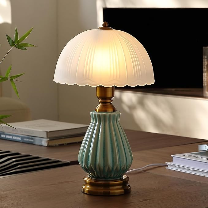 Glivpny Vintage Table Lamp for Living Room,16" Mid Century Modern Ceramic Lamps for Bedroom,Retro Bedside Nightstand Mushroom Glass Lamps, Classic Chinoiserie Green Lamp for Home Decor (LD004)