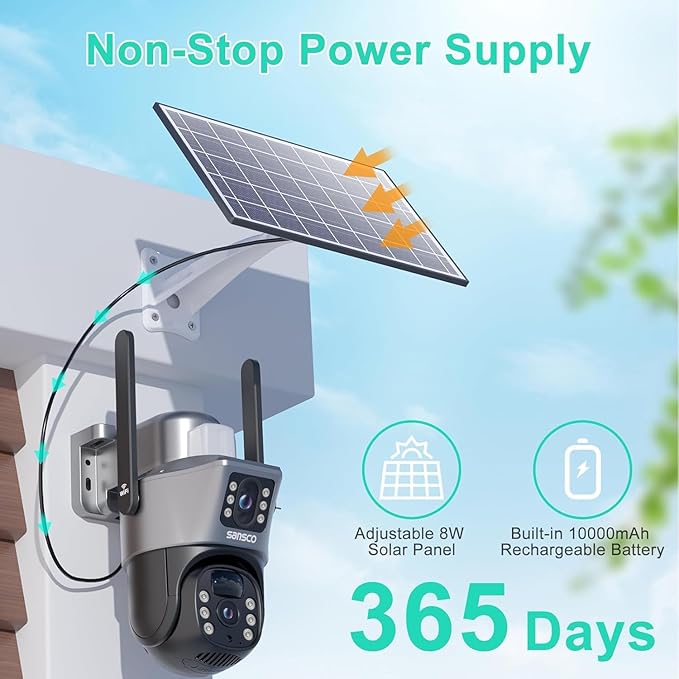 SANSCO 2K Dual Lens Solar Security Camera Wireless Outdoor, No Wires Needed, 2.4G & 5G WiFi, 360° PTZ Home Security Camera, Spotlight Color Night Vision, 2-Way Audio, PIR Motion Detection (4 Pack)