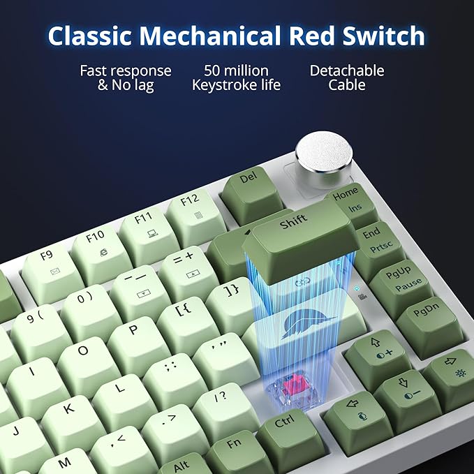Fogruaden 75% Mechanical Gaming Keyboard - 75 Percent Matcha, Hot Swappable Gasket Mount, Red Switch, RGB Backlit 82 Keys TKL Mechanical Keyboard with Knob