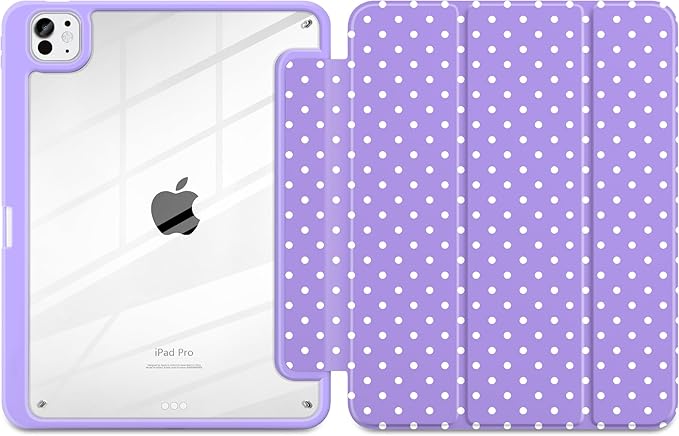 Case for iPad Pro 11 Inch (M5 2025 M4 2024) – [Built-in Pencil Holder], Shockproof & Stylish, Clear Hard Back + Soft TPU Edge, Magnetic Trifold Stand, Auto Wake/Sleep, Purple White dot