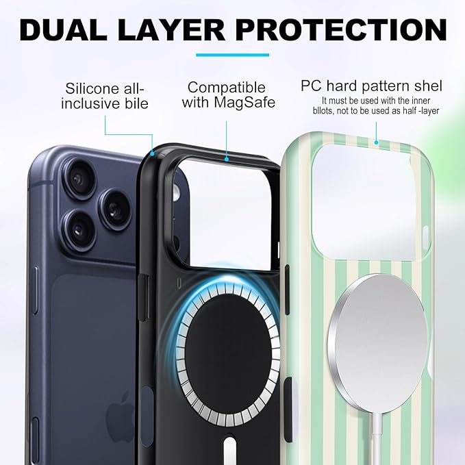 Magnetic for iPhone 17 Pro Max Case Cute Stripes Phone Case, Shockproof Slim TPU and Hard PC Protective Phone Cover Compatible with MagSafe Designed for Women Girls, Light Green