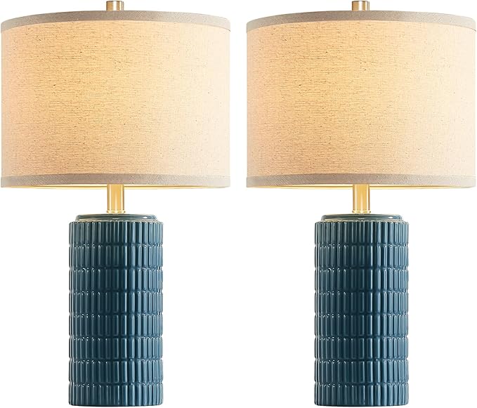 AIEAMPDO 23'' Set of 2 Farmhouse Ceramic Table Lamps for Living Room, Rustic Nightstand Lamp for Bedroom, Office, Dorm, Hallway, 2 LED Bulbs Included