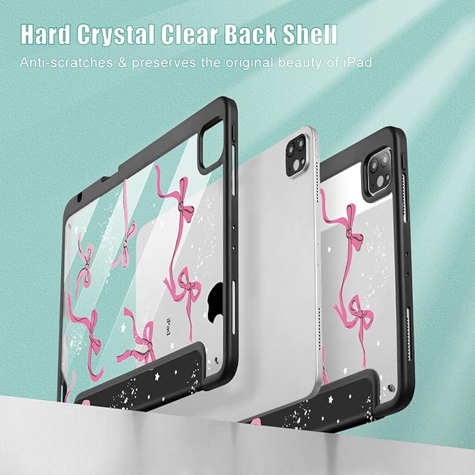 Tuiklol for iPad Pro 12.9 Inch 6th/5th/4th/3rd Generation 2022 2021 2020 2018 Case,Built-in Pencil Holder Clear Transparent Protective Back Shell Cover with Auto Sleep/Wake, Bow-Black