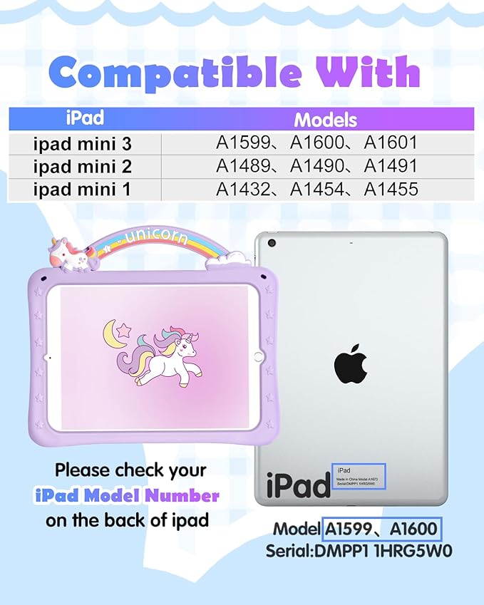 Wazzasoft for iPad Mini 1/2/3 Case 7.9 Inch for Girls Cute Girly Cartoon Kawaii Pretty Purple Design Cover with Stand & Strap Unique Women Teens Silicone Funda for Apple iPad Mini 3rd/2nd/1st Gen 7.9"