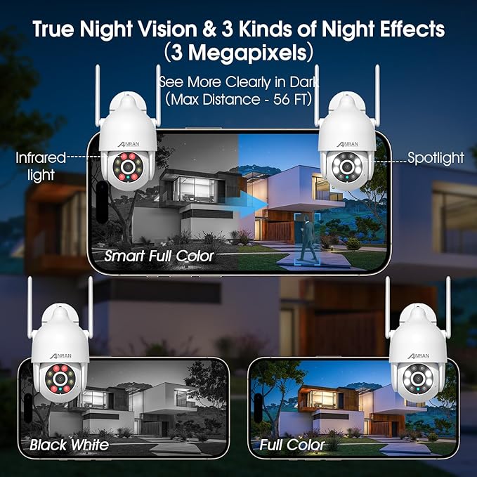 ANRAN 2K WiFi Security Camera Outdoor: 2.4/5GHz Dual-Band, Auto-Tracking, 2-Way Audio, Color Night Vision, 24/7 Recording, 3MP Pan-Tilt 360° View Camera for Home/House