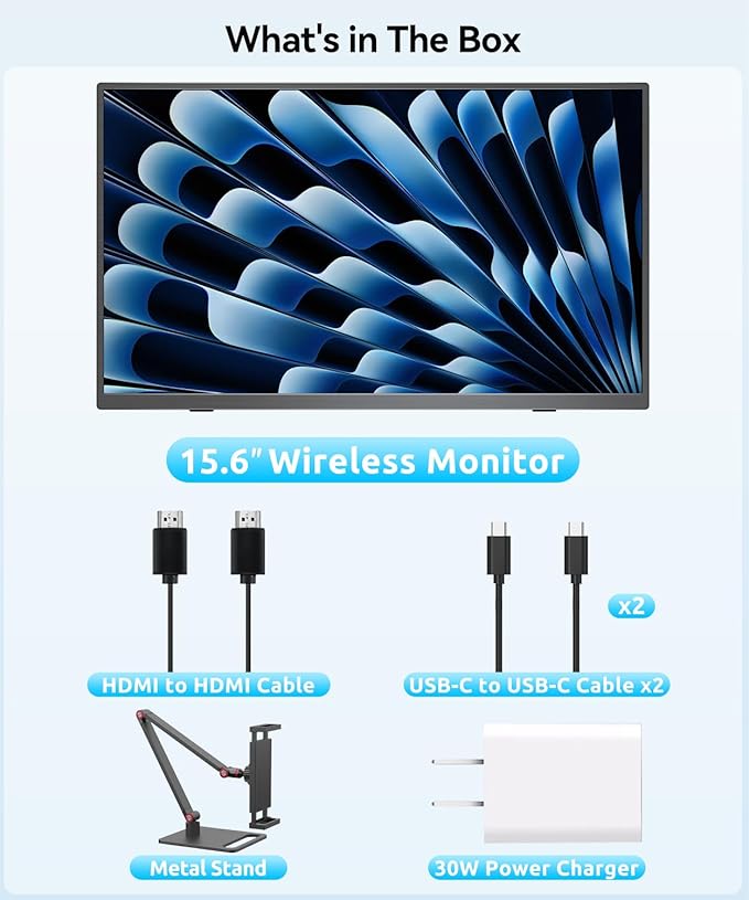 MAGICRAVEN Wireless Portable Monitor for Laptop, 15.6" Portable Monitor with Battery-1080P FHD Second Screen for Home & Office, AirPlay & Miracast Casting, No Cables or Drivers Needed(with Stand)