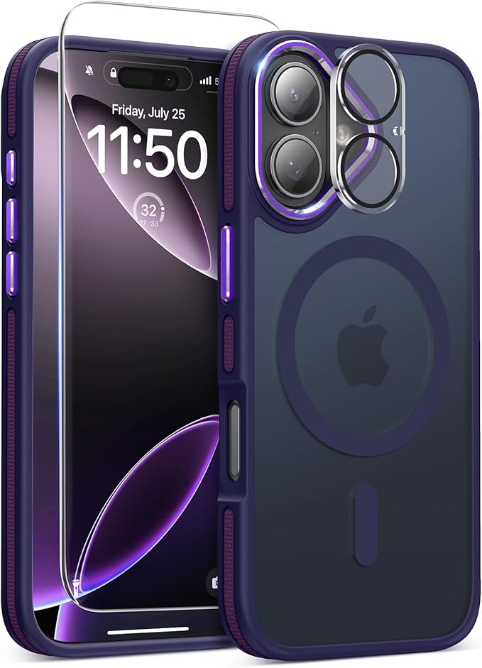 Magnetic 3 in 1 for iPhone 17 Case, [Omni-Directional Protection] with 1x Screen Protector + 1x Camera Cover, [Seamless Work with Magsafe] Translucent Protective Silm Phone Case for iPhone 17 Purple