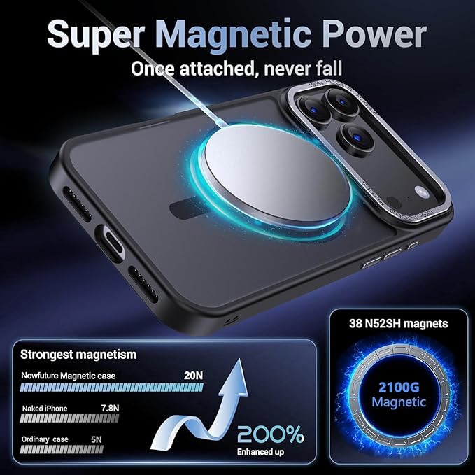 Newfuture Magnetic for iPhone 17 Pro Case [Compatible with Magsafe] [Military Grade Drop Protection] Translucent Matte Anti-Scratch Shockproof Protective Phone Cover 6.3 Inch, Black