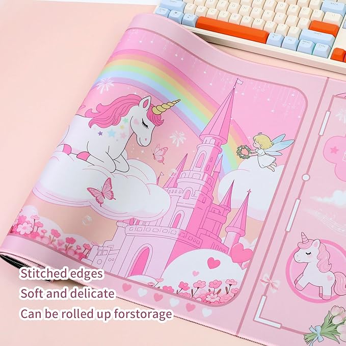 PERFECTSIGHT Cute Unicorn Desk Pad Kawaii Dream Desk Mat, Large Gaming Mouse Pad, Funny Deskmat Mousepad, Laptop Keyboard Pad Office Home Decor for Women Girls, Light Pink