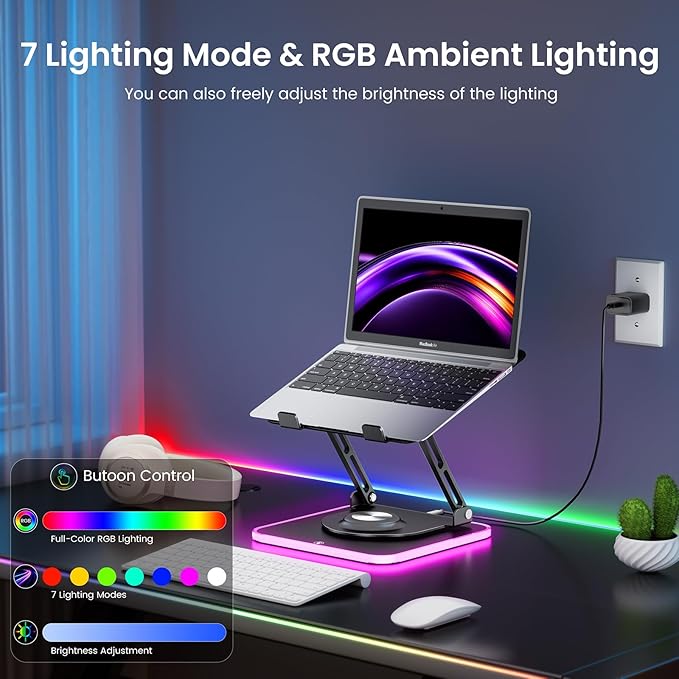 JOYEKY Adjustable Laptop Stand with RGB Lighting,Aluminum Ergonomic Computer Stand with 360° Rotating Base,Foldable & Portable Laptop Riser, Suitable for All 10-16” Laptops