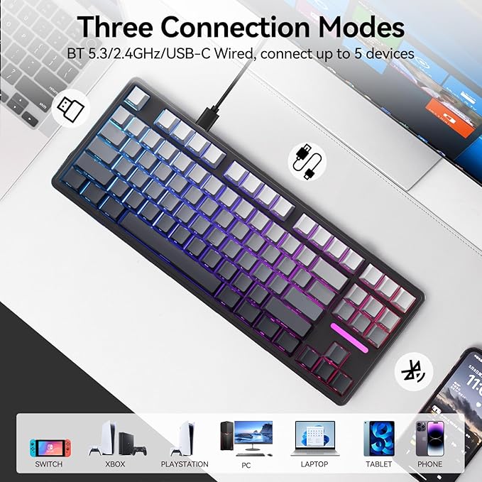 AUSDOM H87 Wireless Mechanical Keyboard, 10000mAh Battery Gasket Hot Swappable Custom Keyboard with RGB Backlit, Side Printed PBT Keycaps, Tri-Mode BT5.3/2.4GHz/USB-C Gaming Keyboards, Black Grey