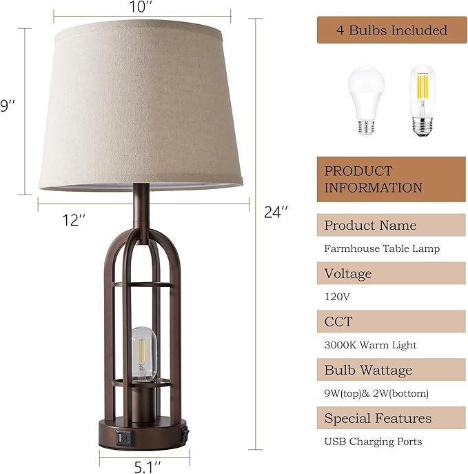SRJJA Table Lamps for Living Room End Table Set of 2 - Farmhouse Industrial Bedside Lamps for Bedroom Nightstand with Nightlight and USB A+C, 4 Bulbs Included