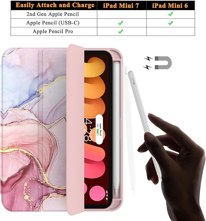 Soke Case for iPad mini 7(A17 Pro) 2024/iPad Mini 6 2021 8.3 inch with Pencil Holder-[Pencil Charging + Auto Wake/Sleep], Soft TPU Back Cover for iPad mini 7th/6th Generation(Dreamy Marble)