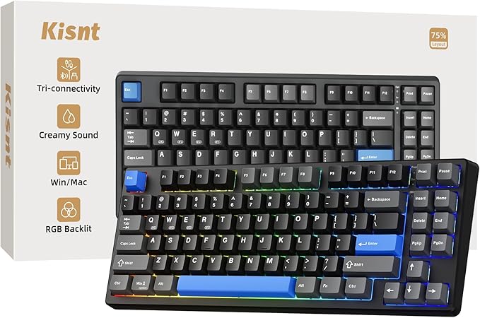 Kisnt KN85 Wireless Mechanical Gaming Keyboard, 75% Layout with RGB Backlit, Custom Hot Swappable, Creamy Sound, Bluetooth/2.4GHz/USB-C Compatible with Windows/Mac/PC (Textured Black,Linear Switch)