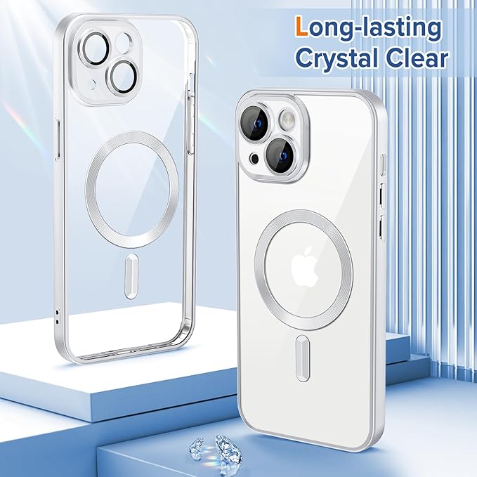 Hython Magnetic Clear for iPhone 15 Case with Camera Lens Protector [Compatible with MagSafe] Luxury Plating Edge Slim Soft TPU Cover Protective Phone Case for iPhone 15 6.1", Matte Silver