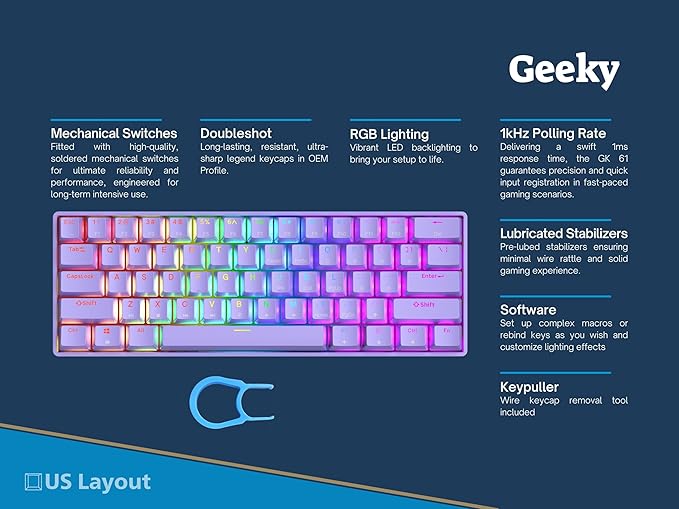 Geeky GK61 SE 60% | Mechanical Gaming Keyboard | 61 Keys Multi Color RGB LED Backlit for PC/Mac Gamer | ANSI US American Layout (Lavender, Mechanical Red)