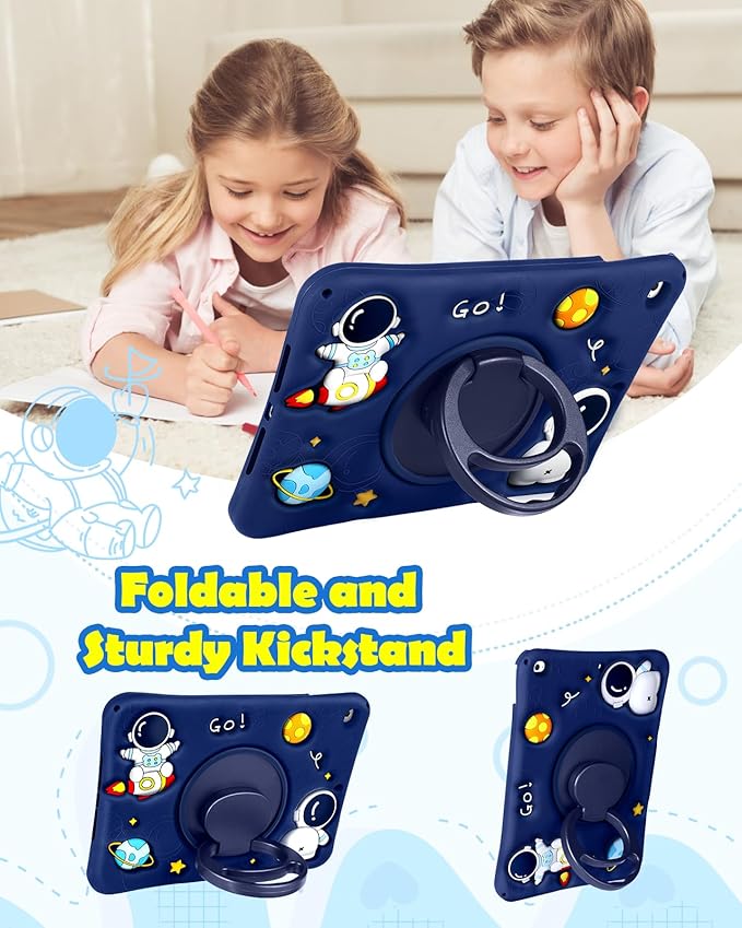 Wazzasoft for iPad mini 4/5 Case 7.9 Inch Girls Boys Cute Astronaut Cover Kawaii 3D Cartoon Spacemen with Rotating Handle Stand + Strap Soft Silicone Funda for Apple iPad mini 5th/4th Gen Cases