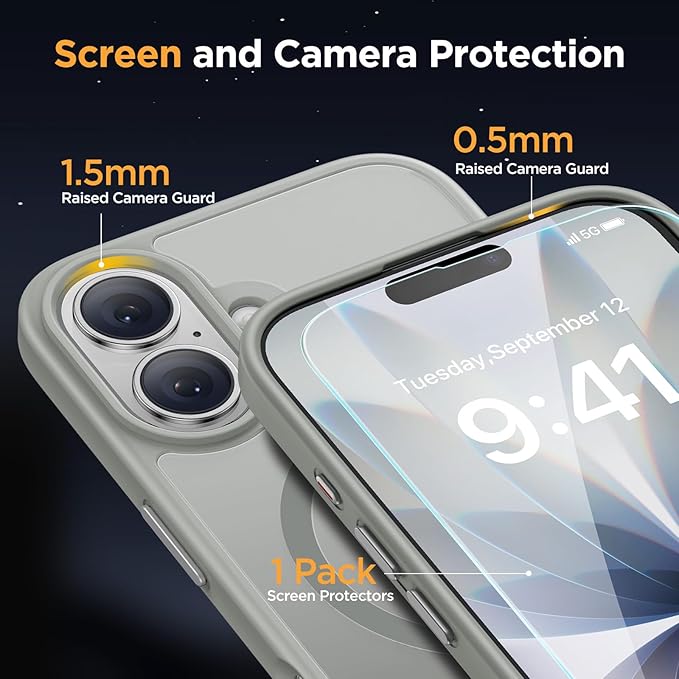 Miracase Magnetic for iPhone 17 Case (Compatible with MagSafe) with Screen Protector Military-Grade Protection, Anti-Fingerprint Translucent Matte Phone Cover for iPhone 17 6.3 inch, Gray