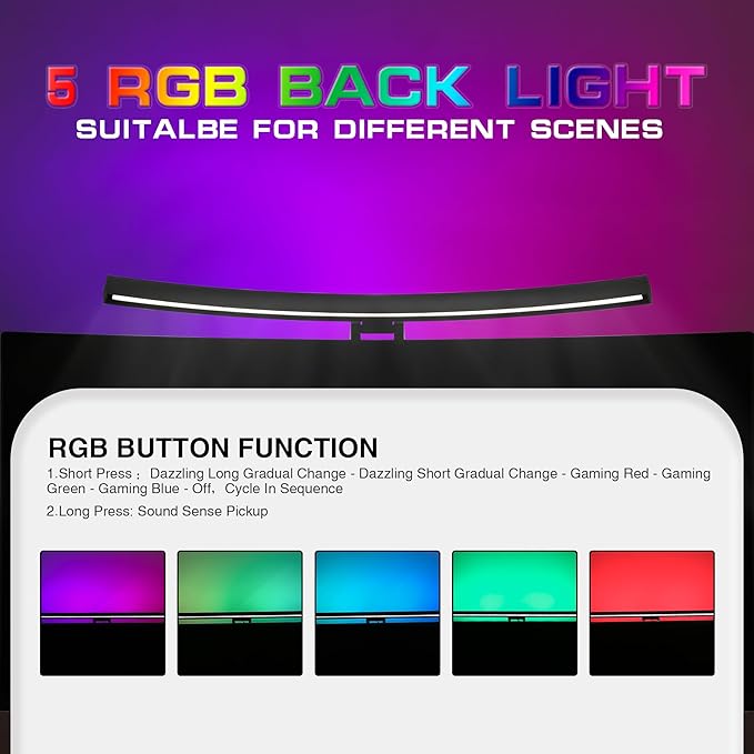 Curved Monitor Light Bar with RGB Backlight, 3 Color Temperature and Stepless Dimming, Music Sync LED Screen Strip with Touch Control Buttons for Computer Screens
