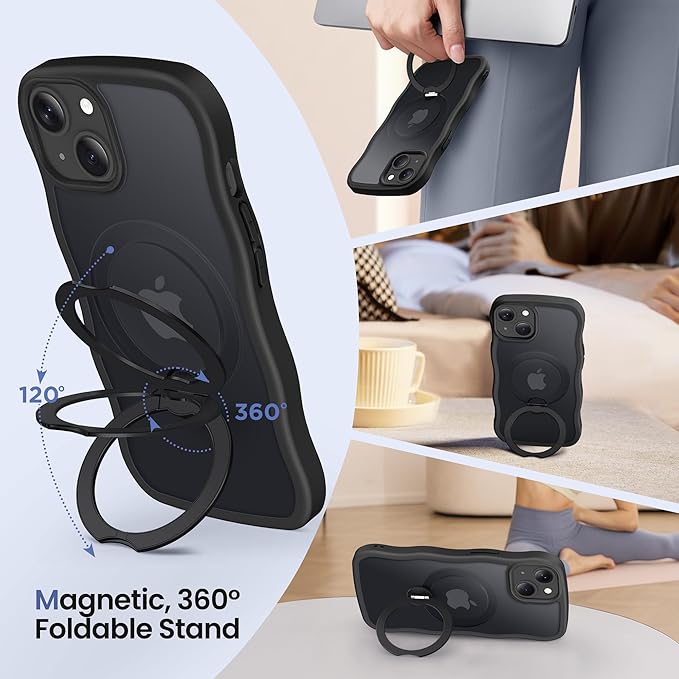 CAPRARO for iPhone 13 Case & iPhone 14 Case with 360° Spin Magnetic Stand for Women, [Compatible with MagSafe] [Camera Protection] Cute Wave Translucent Matte Case for iPhone 13/14, Black