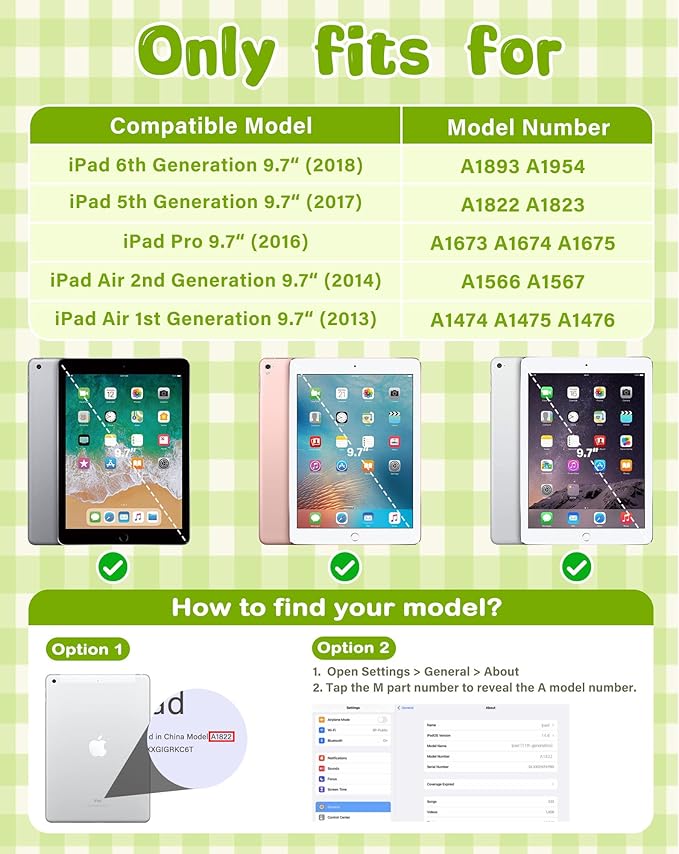 Kids Case for iPad 5th/6th Generation (9.7-inch, 2017/2018), iPad Air 2/Pro 9.7 Case with Screen Protector, Durable Shockproof Lightweight Cover with Handle/Stand for Kids, Light Green