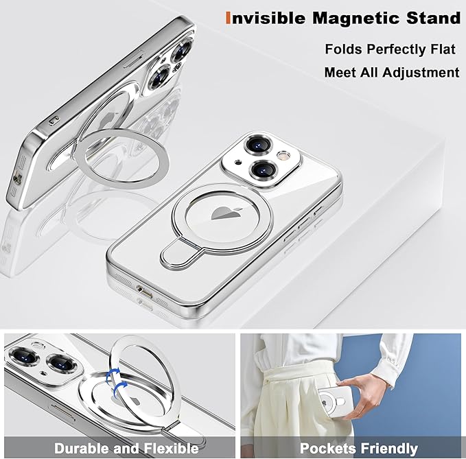 Compatible with iPhone 13 Case with Invisible Magnetic Ring Stand [Compatible with Mag-Safe] [Full Camera Lens Protector] Plating Clear Phone Case for iPhone 13 6.1", Silver