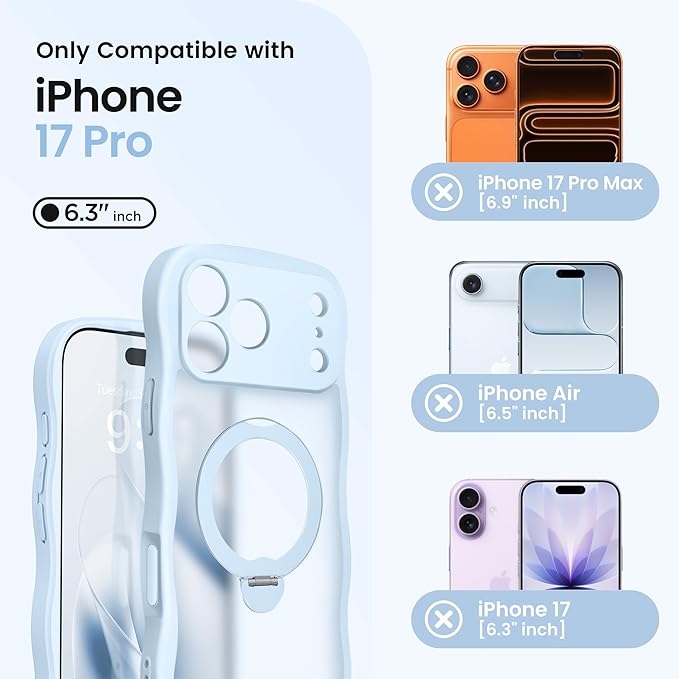 CAPRARO for iPhone 17 Pro Case with 360° Spin Magnetic Stand for Women, [Compatible with MagSafe] [Full Camera Protection] Cute Wave Translucent Matte Case for iPhone 17 Pro, Light Blue