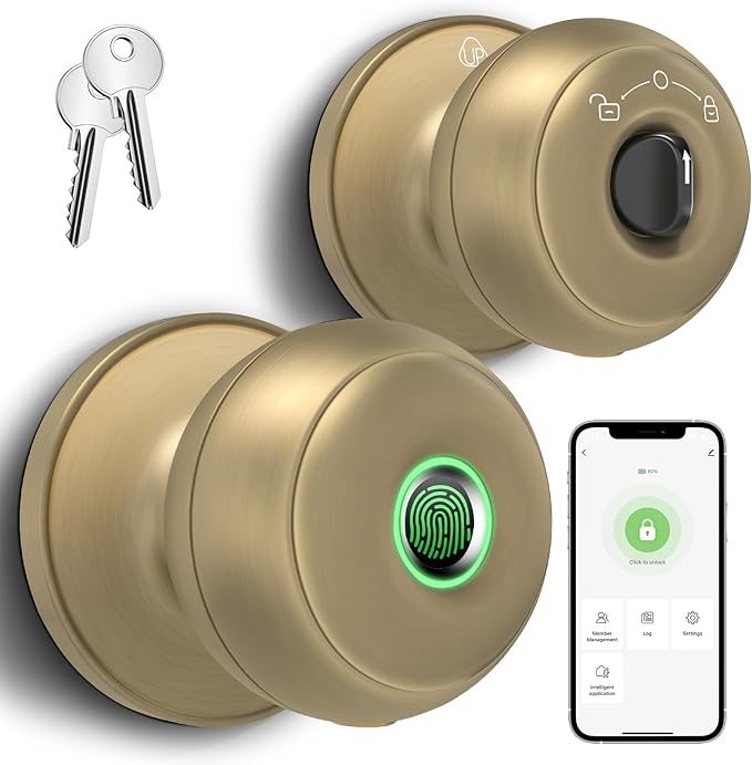 GeekTale Fingerprint Door Lock for Bedrooms, Fingerprint Door Knob with Lock, Smart Door Lock, App Control, Back-up Keys, Thumbprint Door Knob for Bedrooms, Office, Apartment