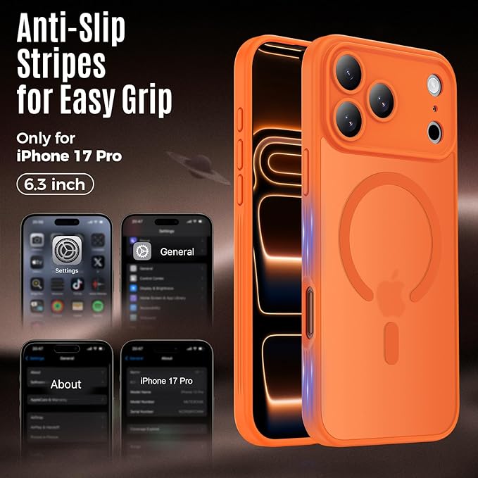 Symcele Designed for iPhone 17 Pro Case, Compatible with MagSafe, [Camera Protection] [15FT Military Drop Protection] Shockproof Translucent Matte Anti-Slip Phone Case, 6.3", Cosmic Orange