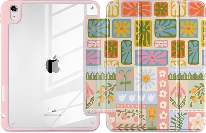 Case for iPad Air 13 inch 2026 M4 2025 M3 2024 M2 Release Slim Lightweight Shockproof Cute Printed Cover with Clear Back TPU Edge Pencil Holder Trifold Stand Auto Wake Sleep, Flower Patchwork