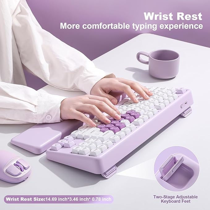 YUNZII B87 Wireless Mechanical Keyboard,QMK/VIA Programmable,TKL Layout 87 Keys,BT/2.4G/USB-C,Hot Swap Gasket Mount RGB Backlit Gaming with Wrist Rest for Win/Mac (Purple Heart, Cocoa Cream V2)
