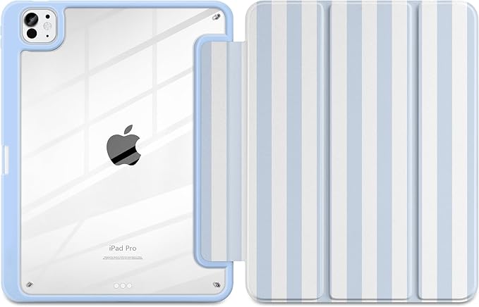 Case for iPad Pro 11 inch (M5) 2025 (M4) 2024 Release Aesthetic Blue White Striped Cover with Clear Back TPU Edge Pencil Holder Trifold Stand, Cute Preppy Coastal Design for Girls