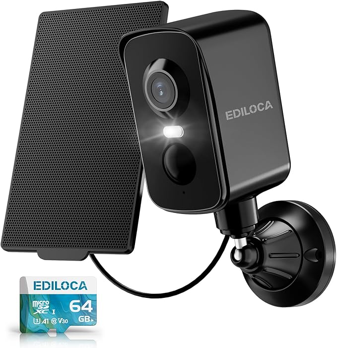 Ediloca Security Camera Wireless Outdoor, 2K Pan Rotating 300° Solar Panel Battery Powered WiFi Camera with PIR Human Detection, Color Night Vision, 2-Way Audio, Alarm, Cloud/64GB Memory Card Storage