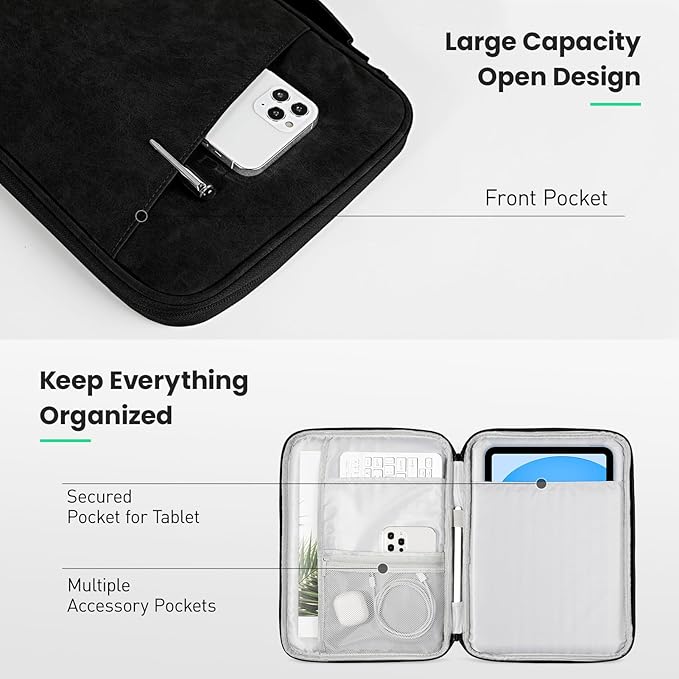 DTTO 9-11 Inch Tablet Sleeve Bag for iPad A16 11-in/Air 11-in M3 M2, iPad 10th Gen 10.9", iPad 9/8/7th Gen 10.2", iPad Air 5/4th Gen 10.9", iPad Pro 11, Galaxy Tab A9+, Waterproof Travel Bag, Black