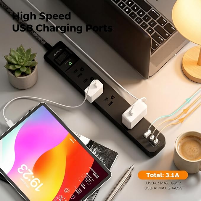 Addtam 2 Pack Power Strip Surge Protector – 5 Wide Spaced Outlets 3 USB (2 USB-C) Charging Ports, 1875W/15A, 3ft Braided Cord, Flat Plug, Overload Surge Protection, Wall Mount for Home, Office & Dorm